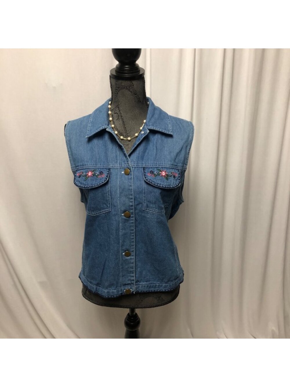 Vintage Stonybrook Denim Vest Womens Size Medium Floral Embroidery Button Front